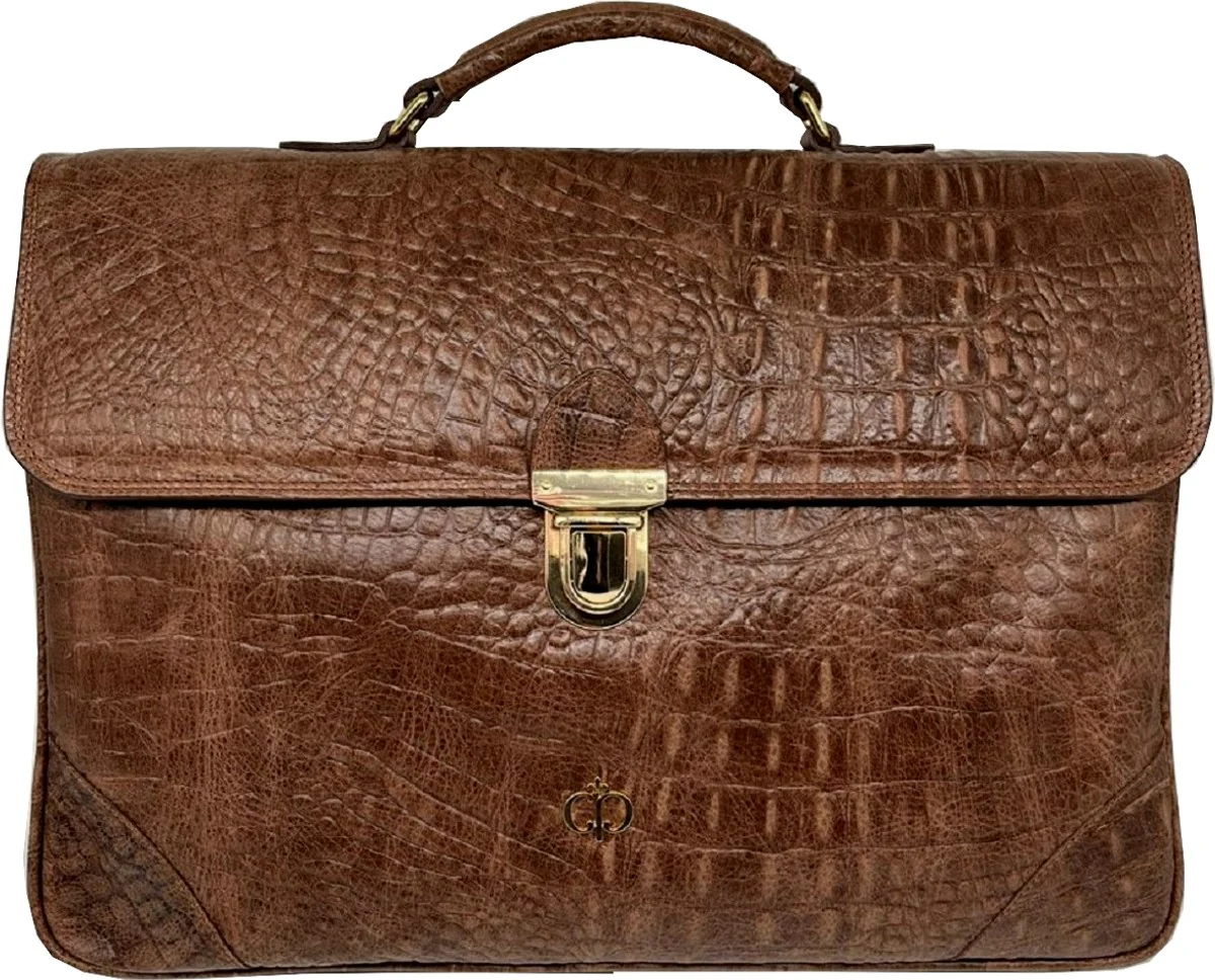 Luxury genuine leather men's briefcase in crocodile look brown / gold 42 cm - Made in Italy