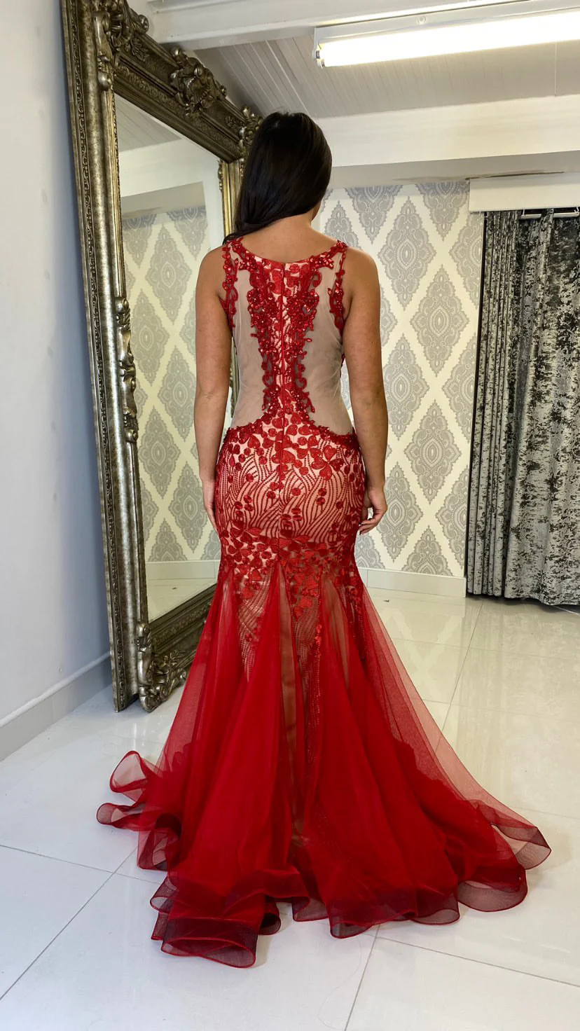 Red & Nude Fishtail Style Full Length Gown