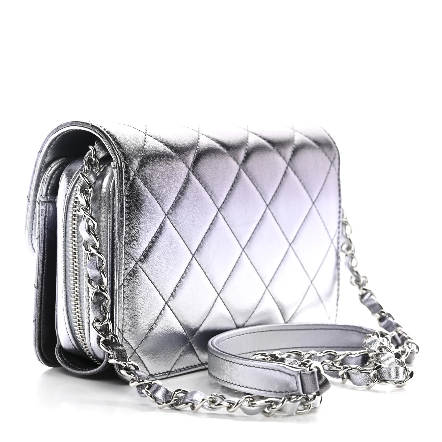 Metallic Lambskin Like A Wallet Flap Silvery Black - Top Club
