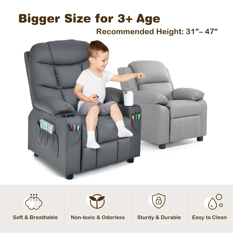 Kids Recliner Chair PU Leather Adjustable Lounge Sofa with Cup Holder, 3 Pockets & Retractable Footrest, Ergonomic Toddler Furniture Sofa