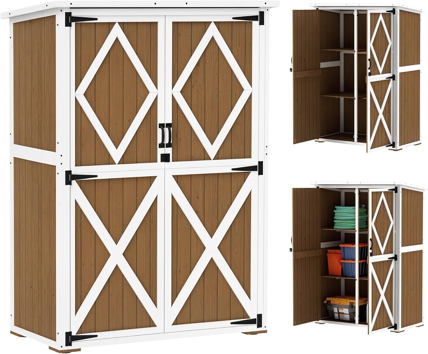 Outsunny Casetta da Giardino 0.55 m² con 2 Ripiani, 2 Porte con Serratura e Piedi Regolabili, Casetta Attrezzi Giardino in Legno di Abete e Tetto in Bitume, 116.5x57x159/167 cm, Marrone e Bianco