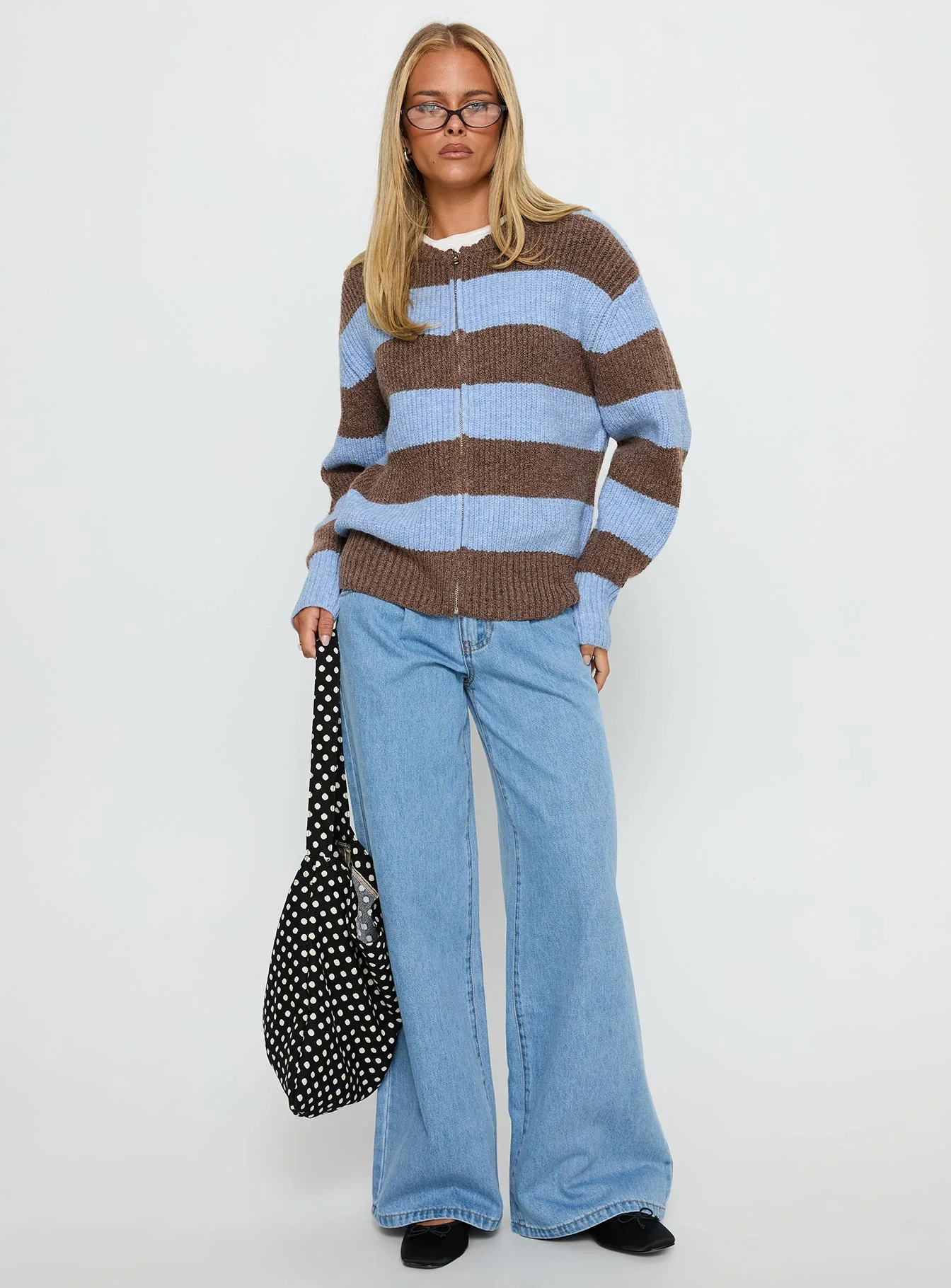 Queena Zip Through Knit Sweater Blue Stripe