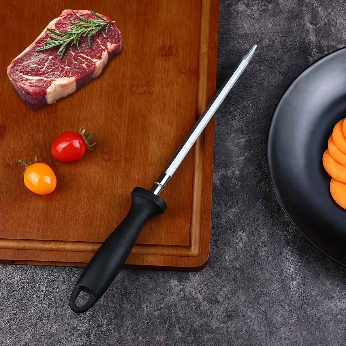 Knife Sharpener Rod Kitchen Knives Sharpener Professional Knife Sharpening Steel Honing Rod with Hanging Holes (13 inches) Black