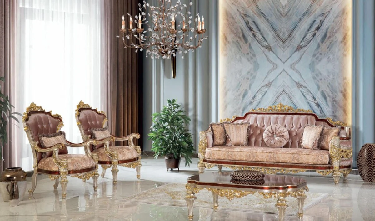 Luxury Baroque Living Room Set Pink / Brown / Silver / Gold - 2 Sofas & 2 Armchairs & 1 Coffee Table - Handmade Living Room Furniture in Baroque Style - Noble & Magnificent
