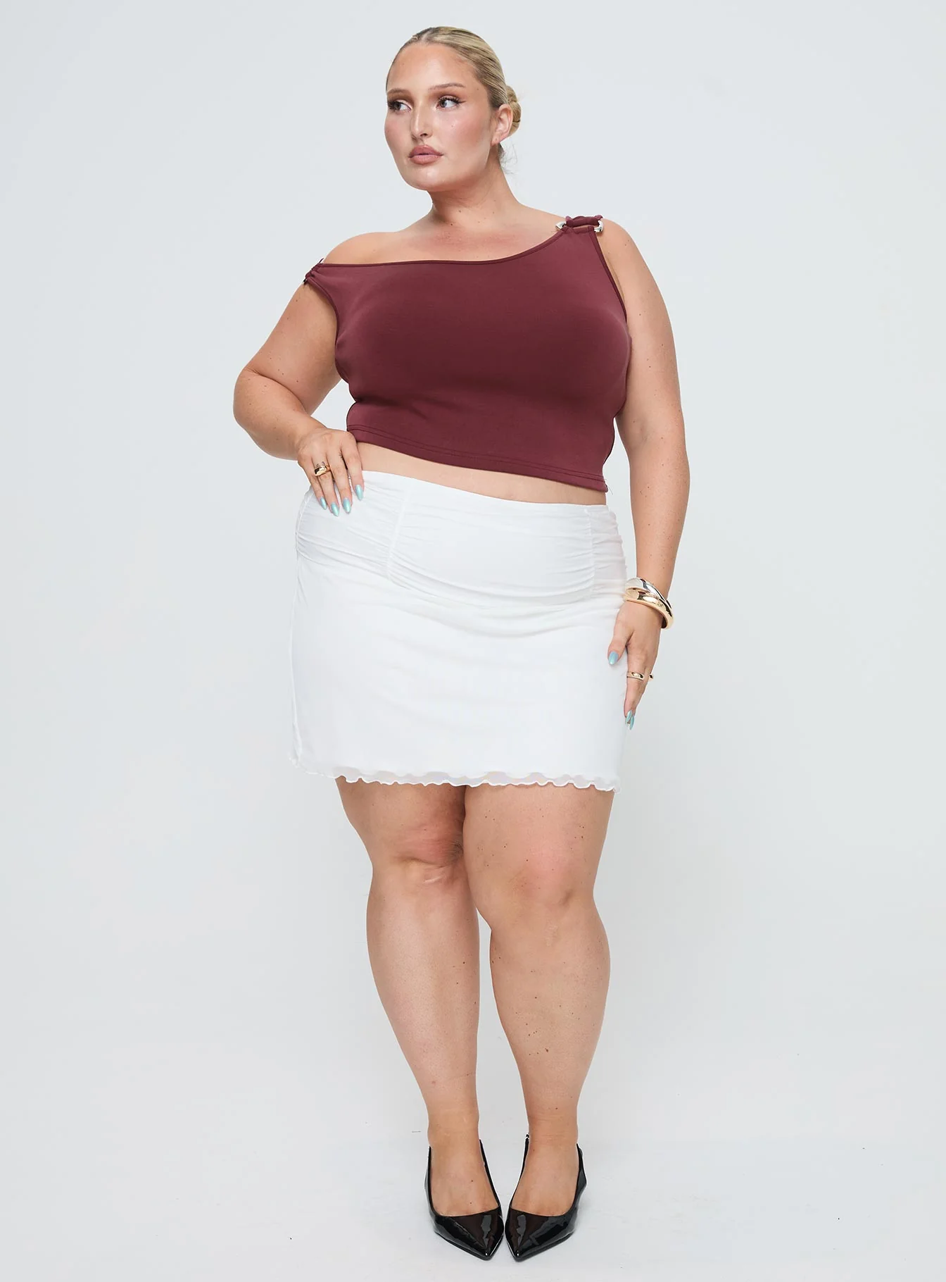 Meredith Ruched Mini Skirt White Curve