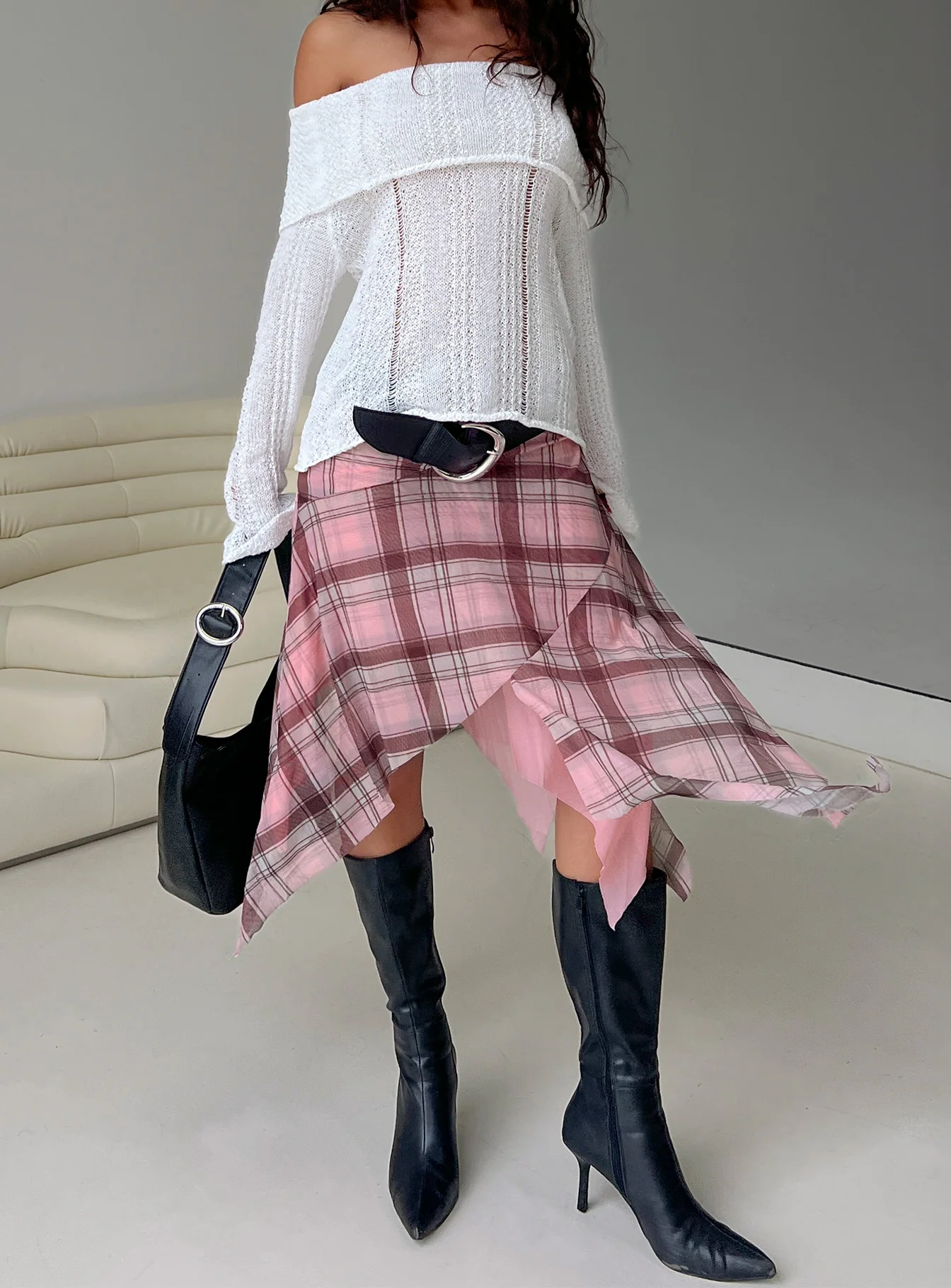 Anali Asymmetrical Midi Skirt Pink / Multi Check