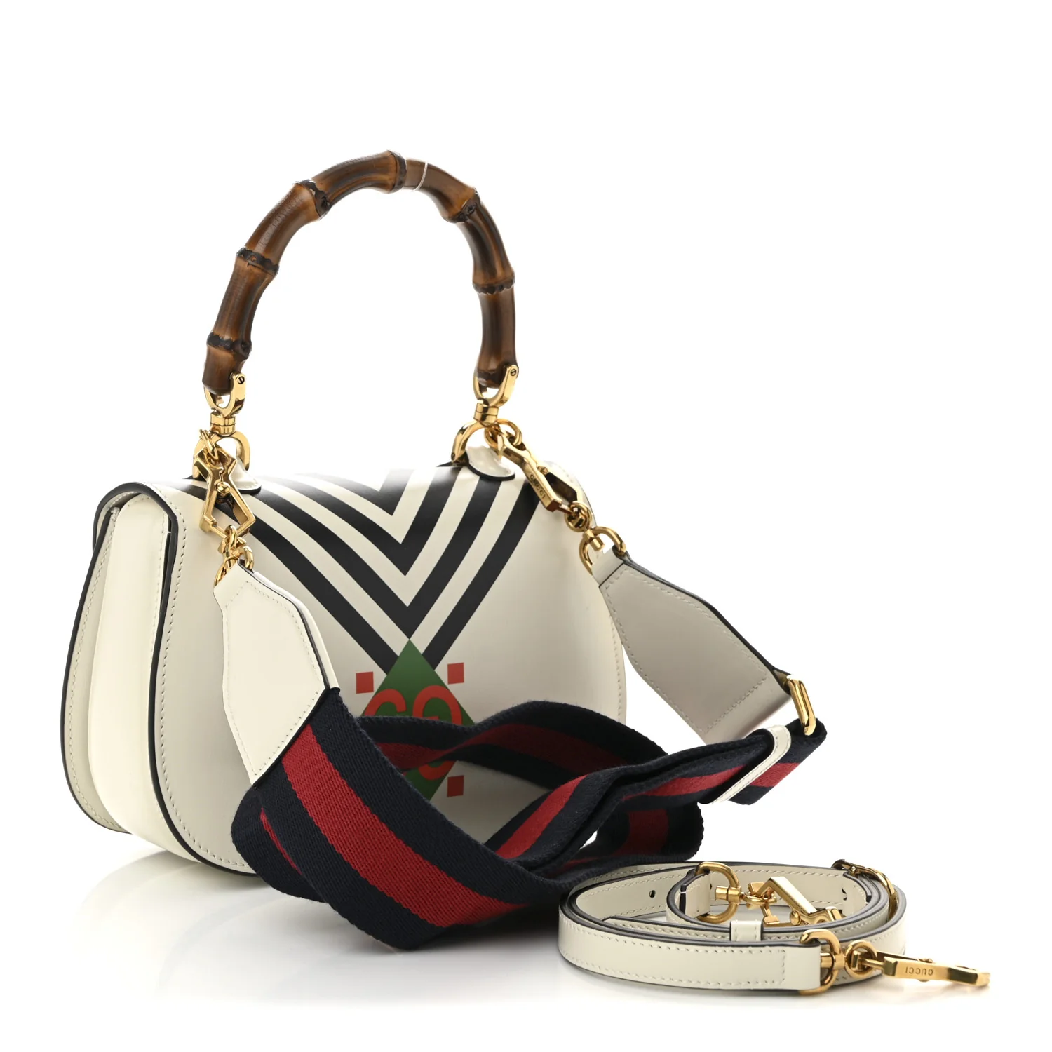 Calfskin Web Geometric Print Small Bamboo 1947 Top Handle Bag White Multi - Top Club