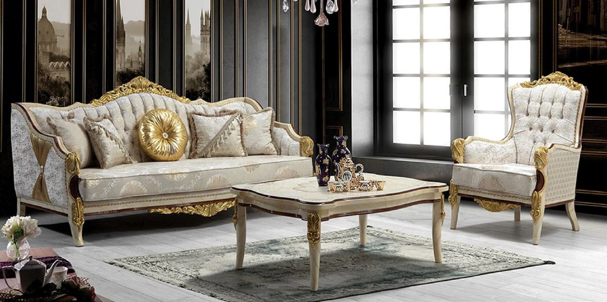 Luxury Baroque Living Room Set Gray / White / Brown / Gold - 2 Sofas with Pattern & 2 Armchairs with Pattern & 1 Coffee Table - Magnificent Baroque Living Room Furniture