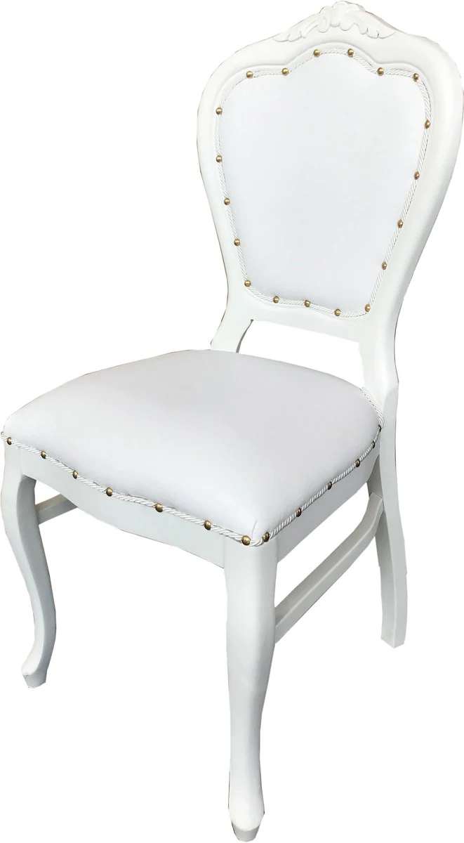 Baroque Luxury Dining Room Chair White Faux Leather / White - Handmade Furniture