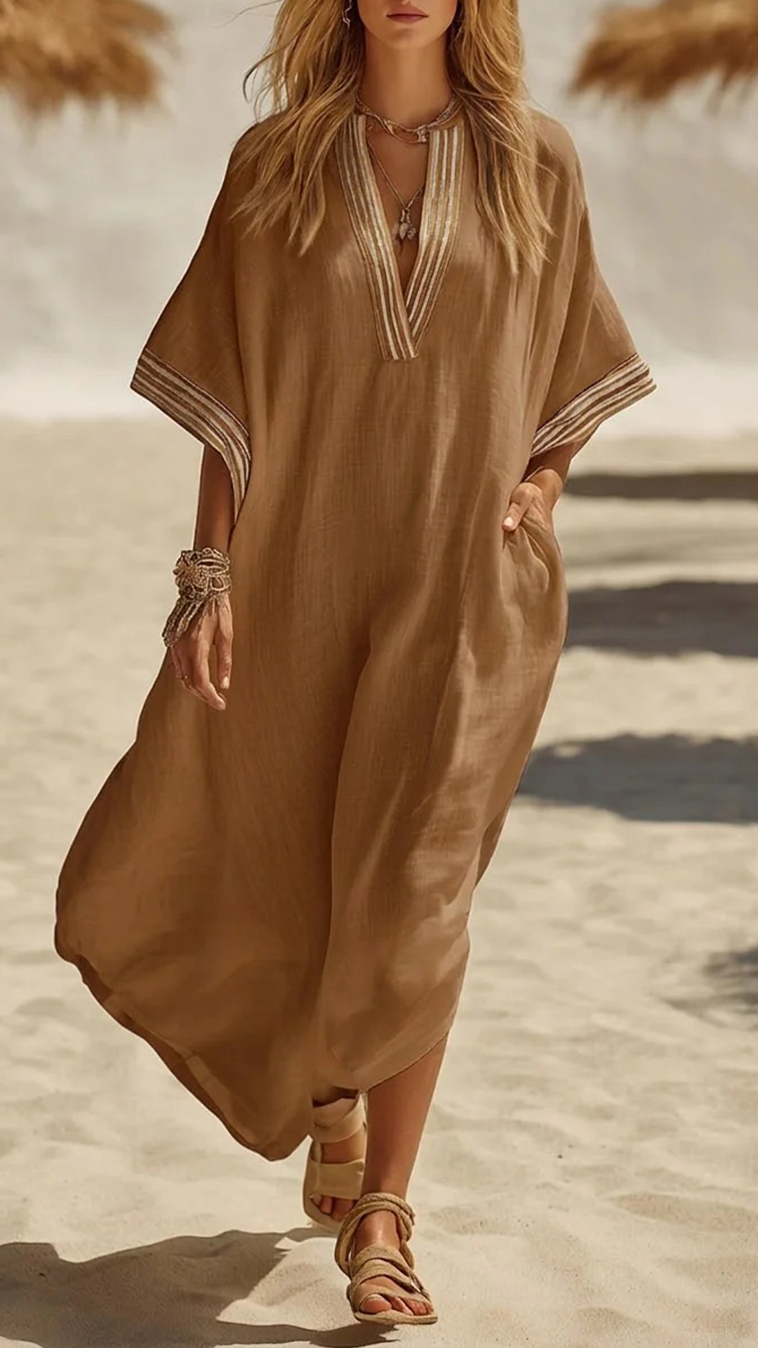Women's Striped Trim Cotton-Blend Kaftan Dress - Nordfashionstorm - Women's Clothing, Fashion for You - Nordfashionstorm.com