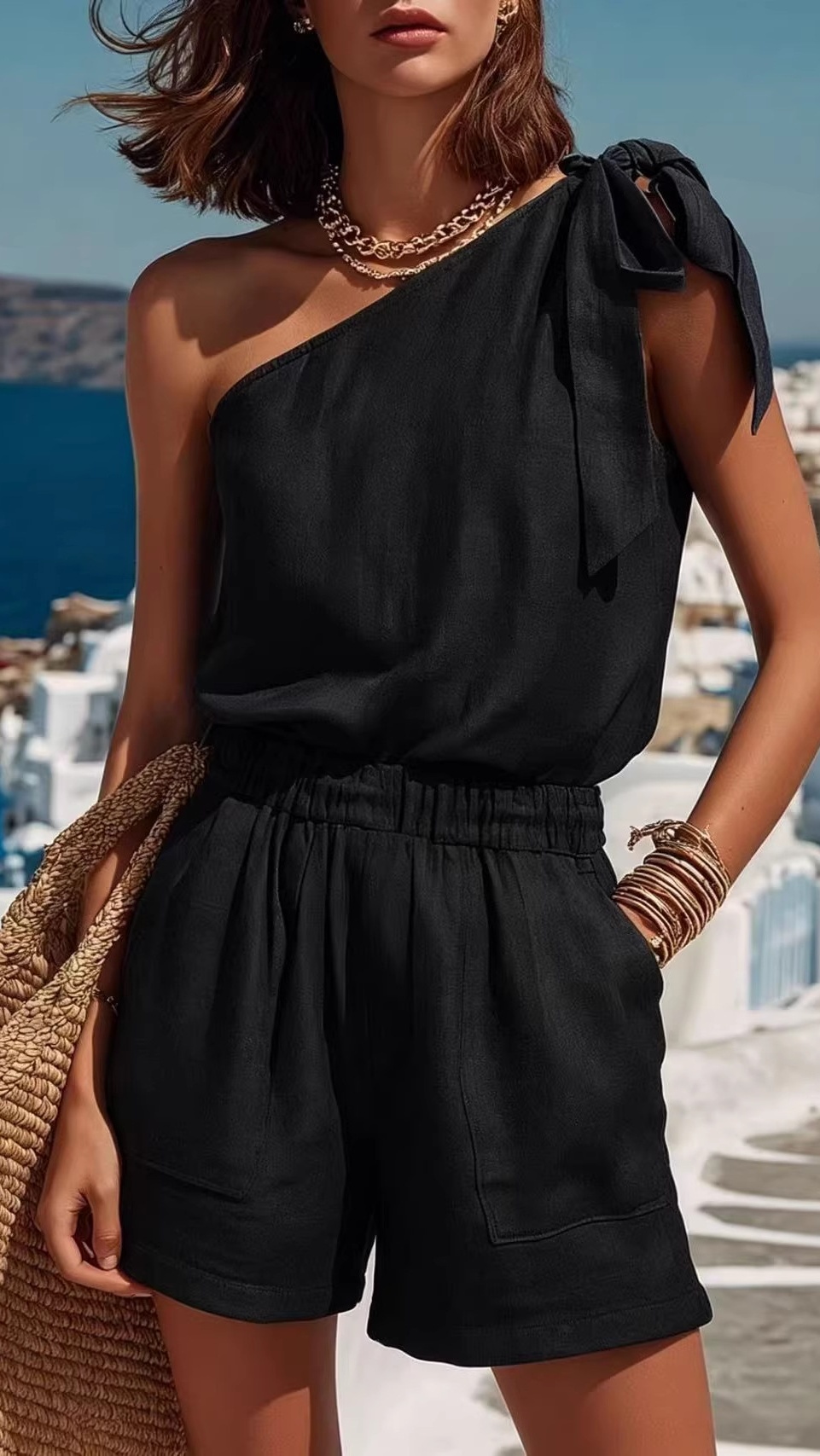 Women's Fashionable & Casual Slim-Fit Vacation-Style One-Shoulder Top Two-Piece Set - Nordfashionstorm - Women's Clothing, Fashion for You - Nordfashionstorm.com