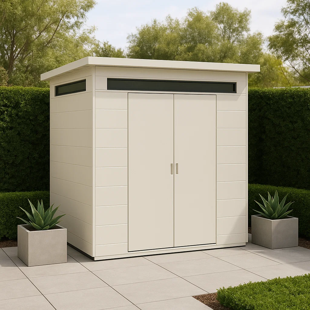 Cream resin garden shed with double doors for outdoor use, 210 x 140 x 190 cm VkRnpbu219qY