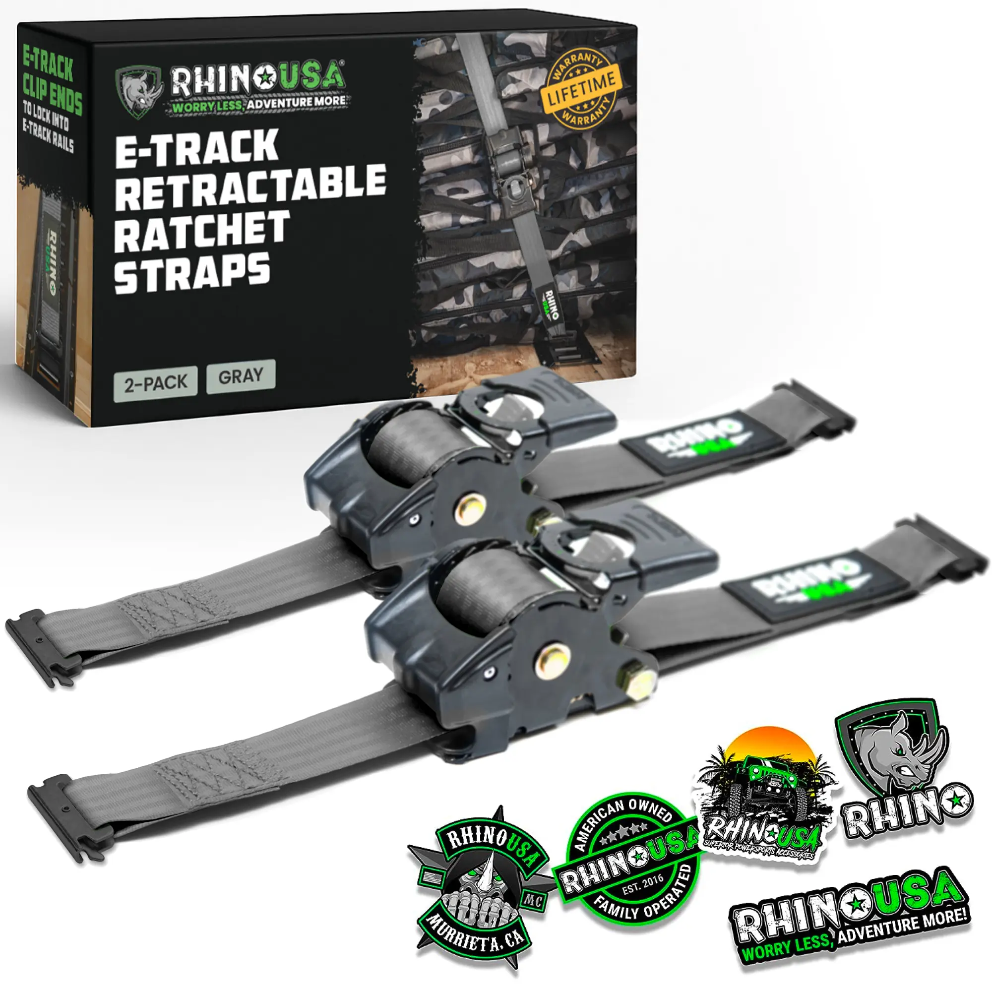 Rhino USA 2”x10’ Retractable E-Track Ratchet Straps: 3033lb Max Break Strength Compatible with E Track Rail Systems only