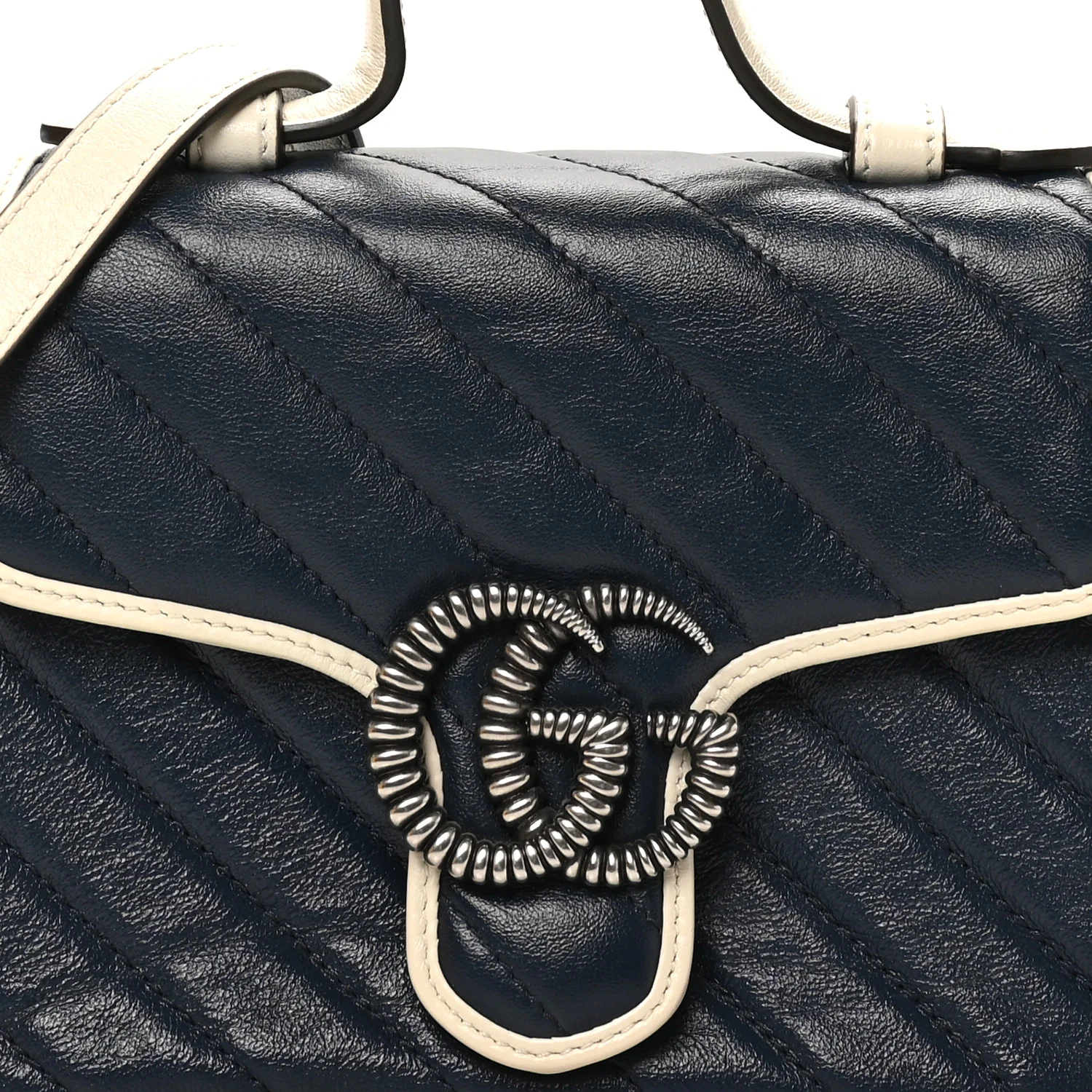 Vintage Effect Calfskin Matelasse Diagonal Mini Torchon GG Marmont Top Handle Shoulder Bag Blue Agata Mystic White - Top Club