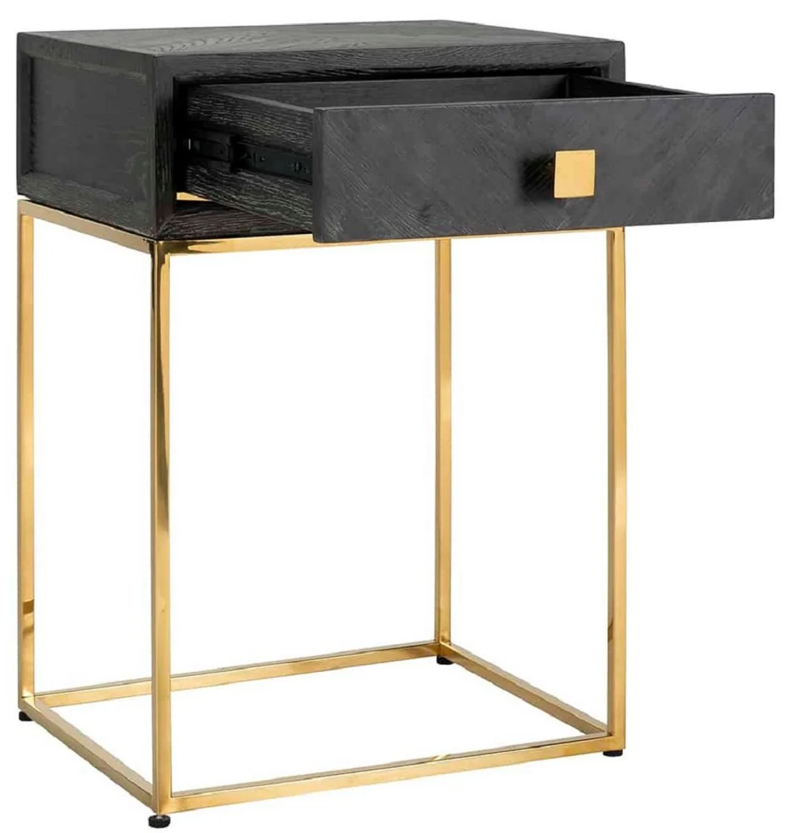 Luxury side table black / gold 50 x 40 x H. 71 cm - solid wood bedside table with drawer and stainless steel frame - luxury bedroom furniture