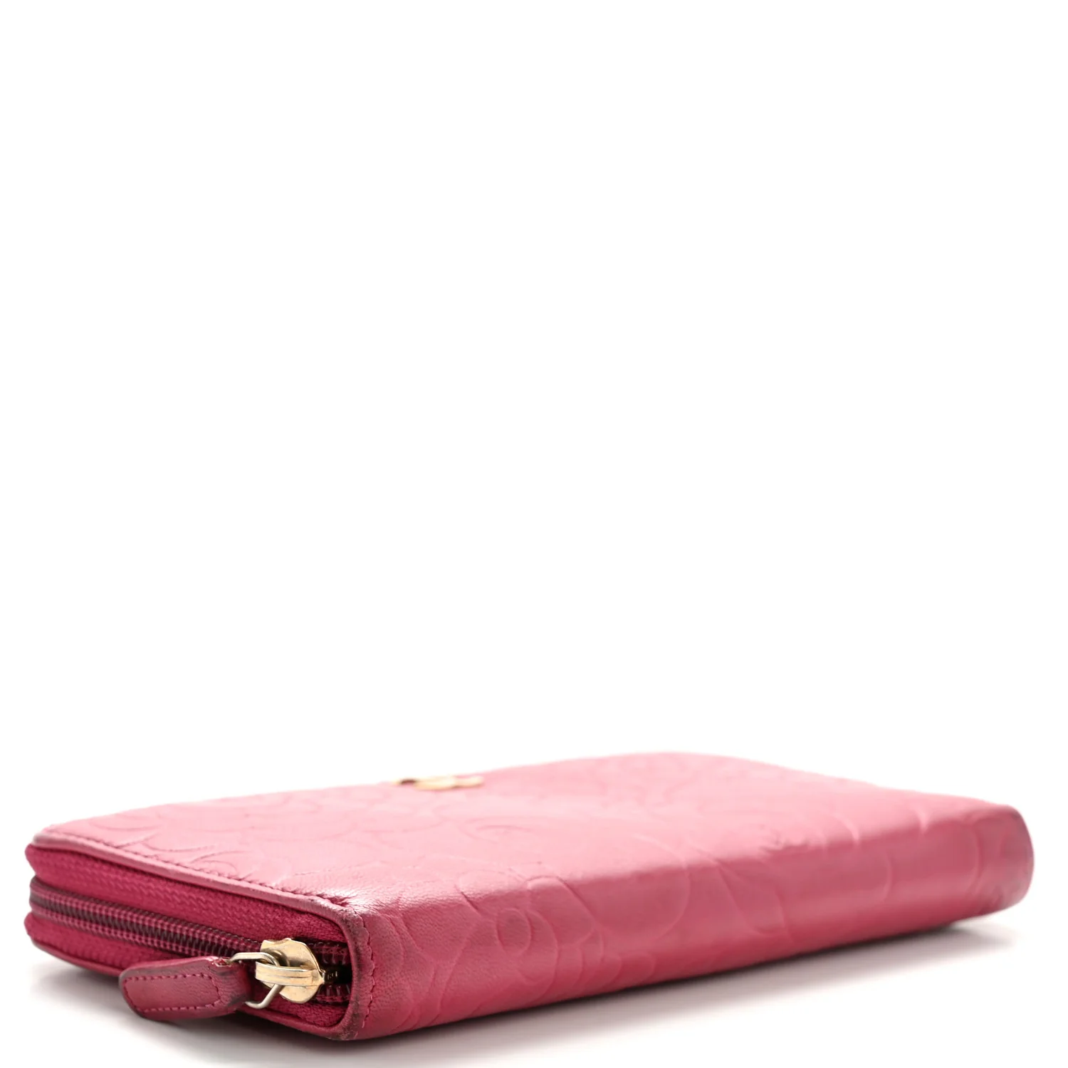 Lambskin Camellia Embossed Large Gusset Zip Around Wallet Fuchsia - Top Club