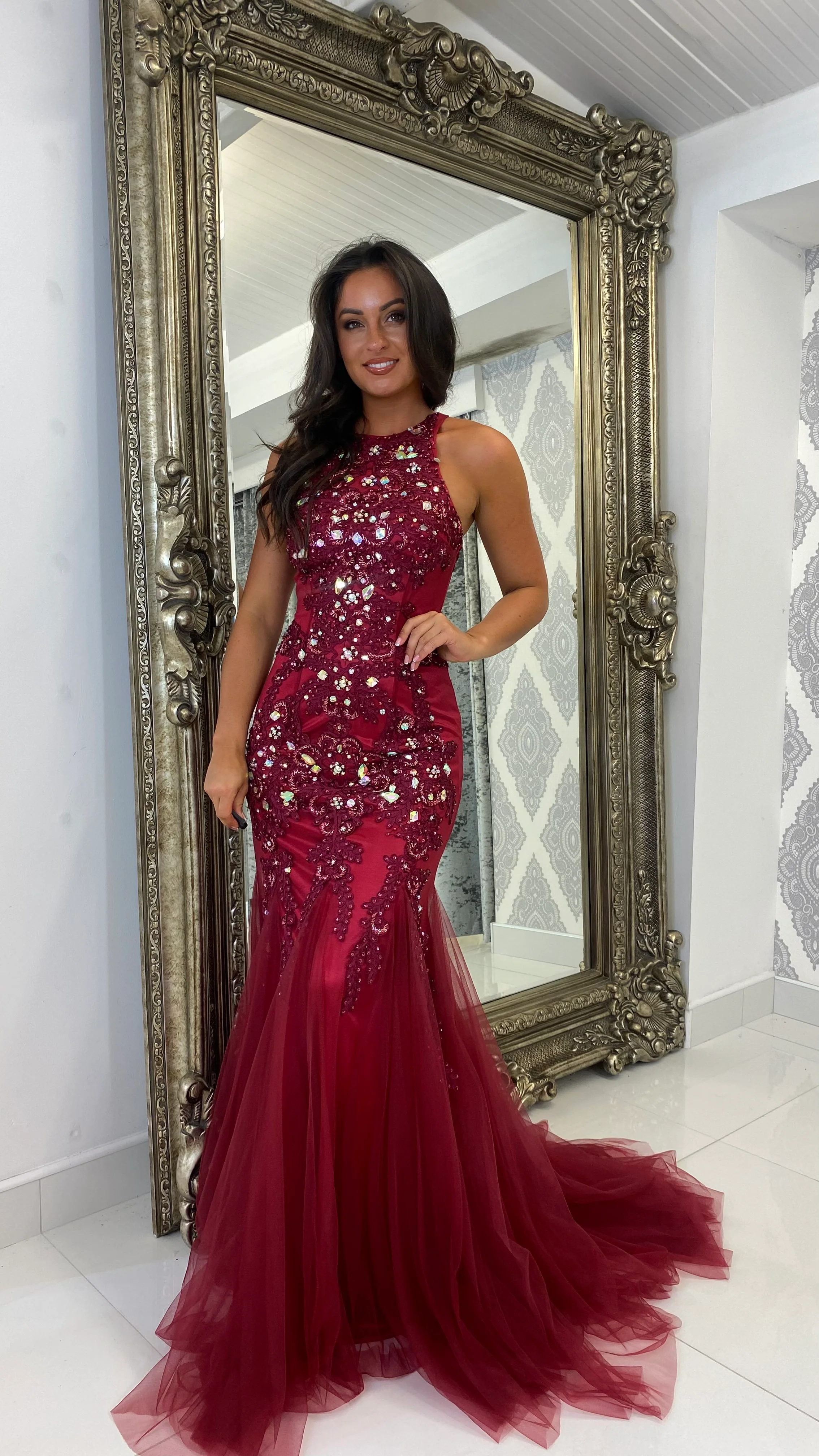 Burgundy Racer Cut Jewelled Fishtail Gown