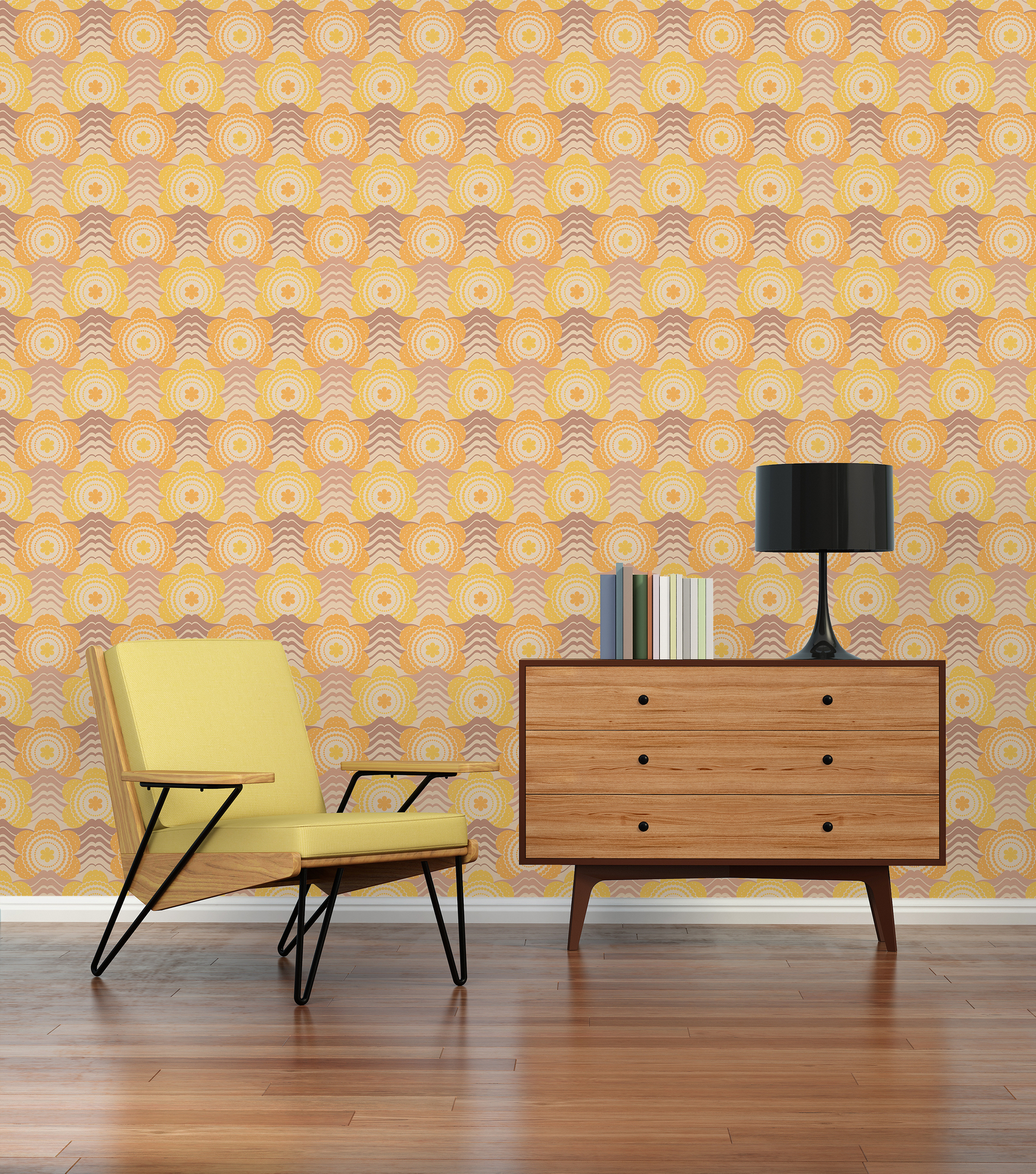 Retro bloemmotief behang - beige, bruin, oranje Vliesbehang met bloemmotief in de stijl van de jaren 70 - beige, bruin, oranje #1