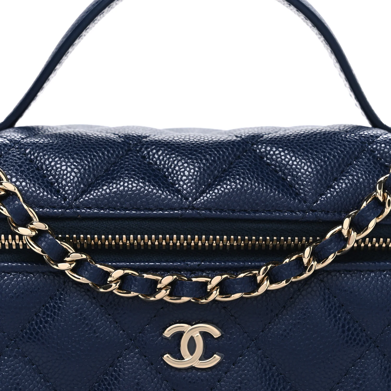 Caviar Quilted Top Handle Slim Vanity With Chain Navy - Top Club