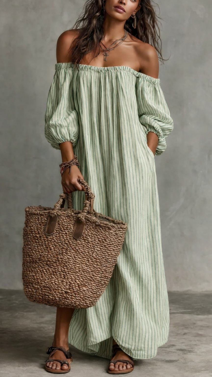 Women's Striped Off-Shoulder Cotton-Linen Vacation-Style Dress - Nordfashionstorm - Women's Clothing, Fashion for You - Nordfashionstorm.com