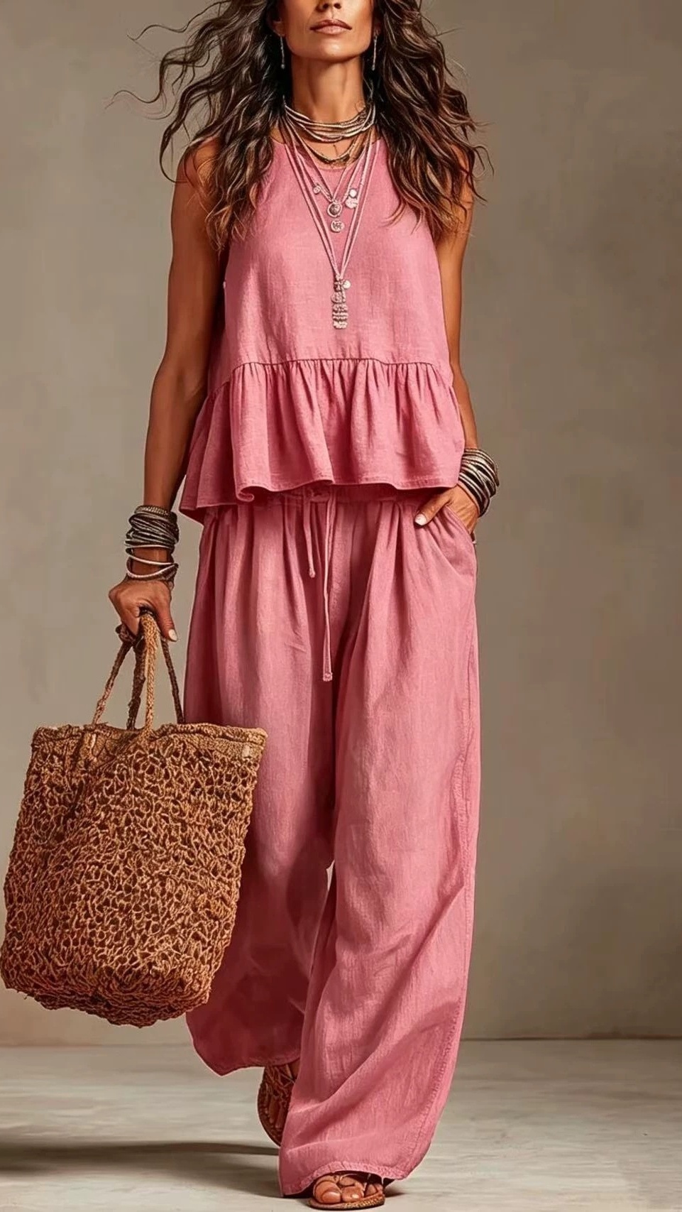 Women's Cotton-Linen Two-Piece Set: Ruffled Sleeveless Top & Wide-Leg Pants - Nordfashionstorm - Women's Clothing, Fashion for You - Nordfashionstorm.com