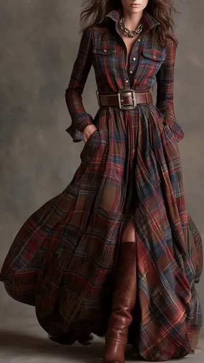 Women's Vintage Plaid Long Dress with Lapel Collar+Belt - Nordfashionstorm - Women's Clothing, Fashion for You - Nordfashionstorm.com