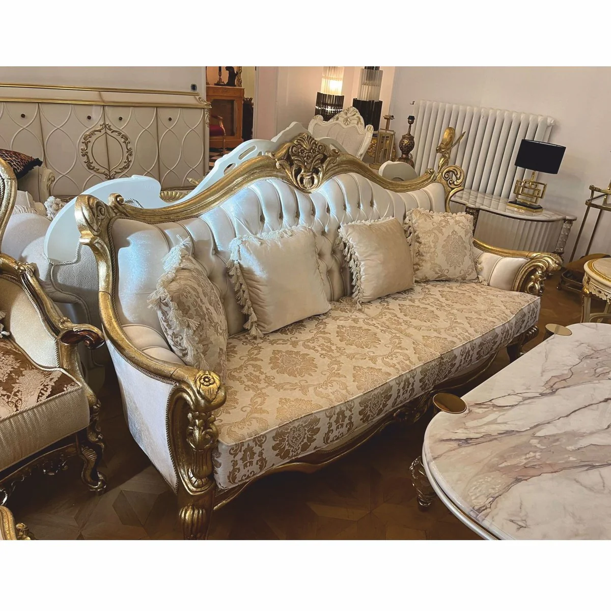 Luxury Baroque Living Room Sofa Cream / Gold 220 cm - Baroque Furniture