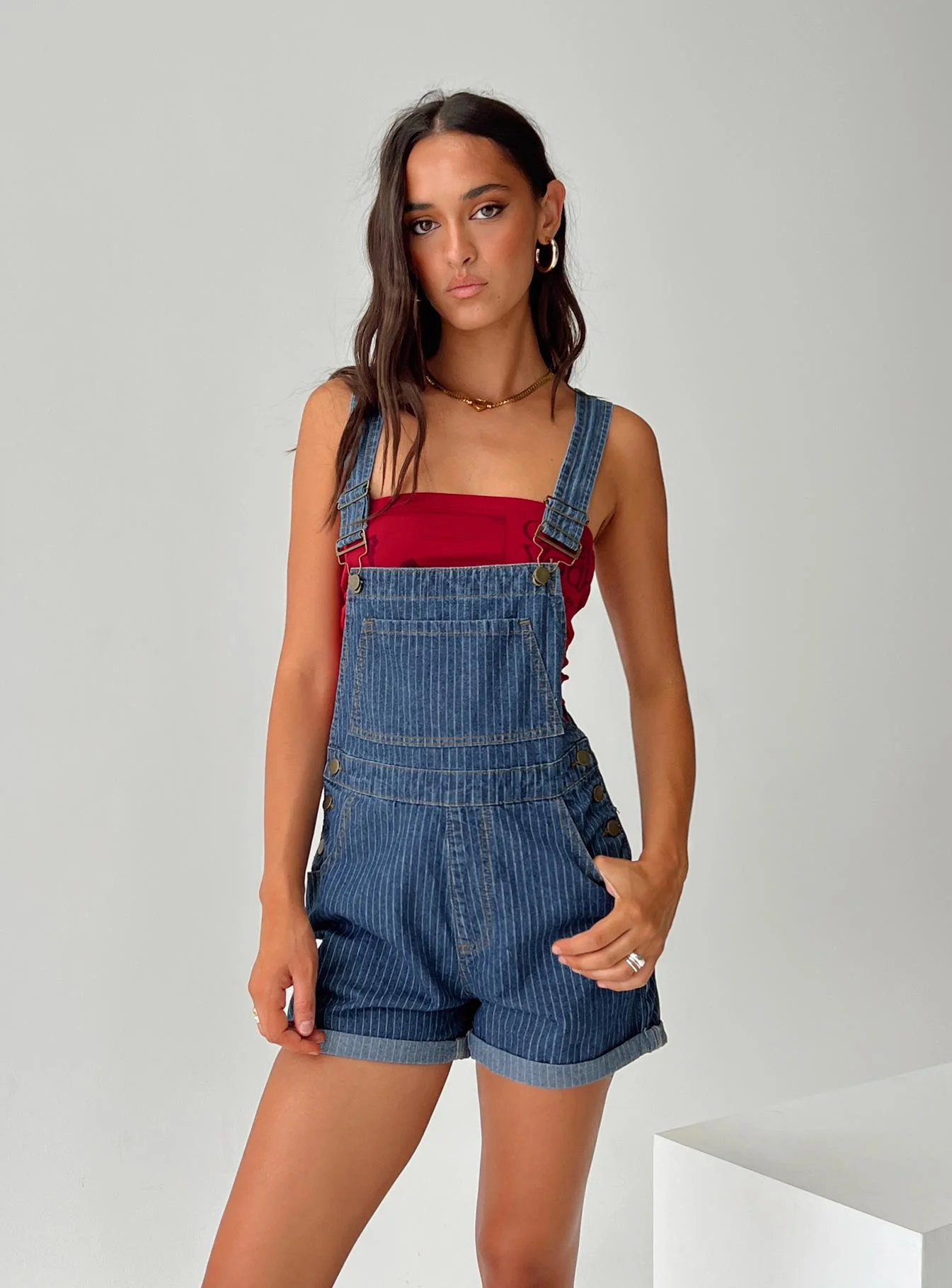 Kacey Short Overalls Mid Blue Pinstripe