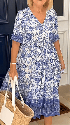 Women's Blue and White Porcelain Print V-Neck Loose Ruffled Midi Dress - Nordfashionstorm - Women's Clothing, Fashion for You - Nordfashionstorm.com