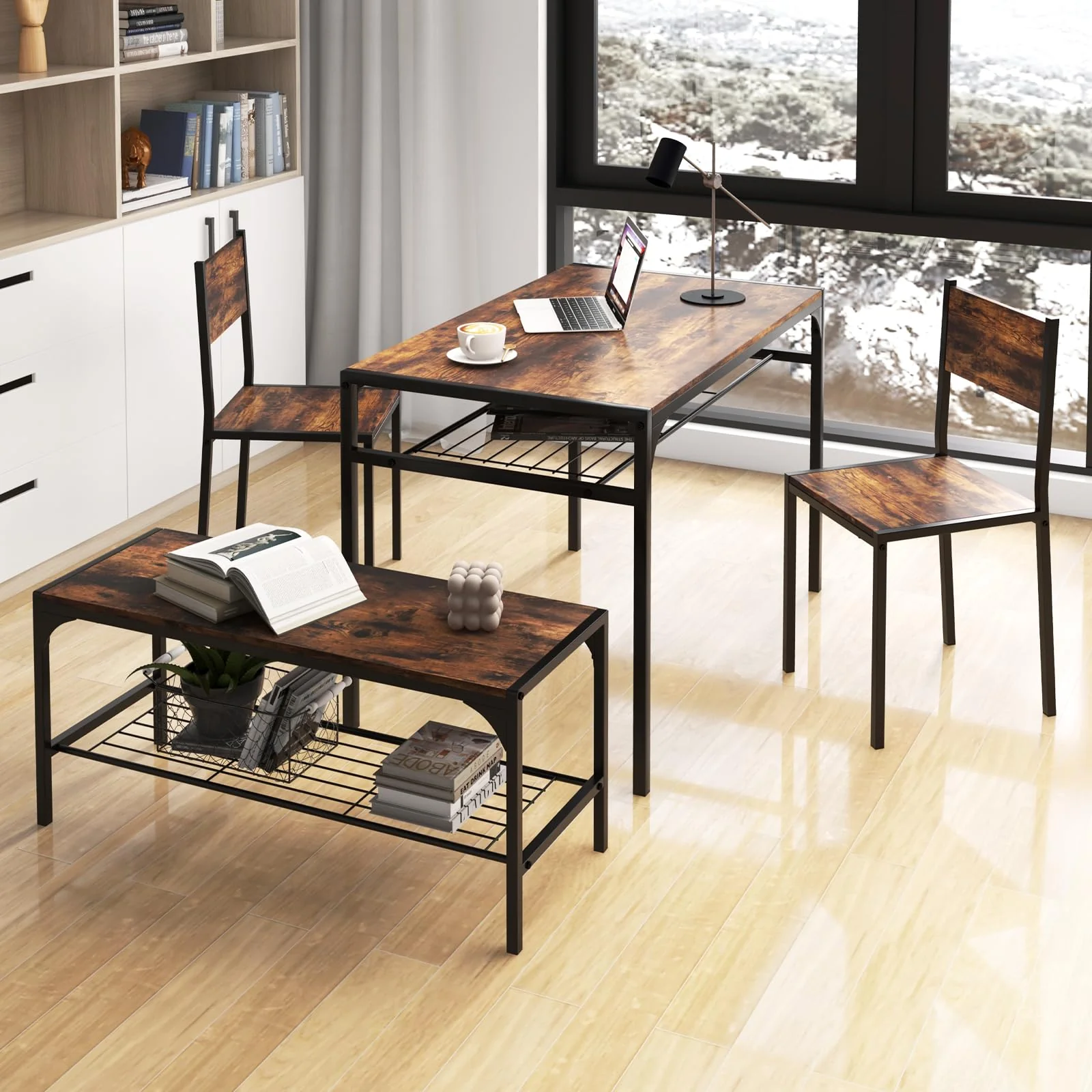BEFOUNDLOVELY 4 Pieces Dining Table Set, Kitchen Table and 2 Chairs for 4 with Bench, Storage Racks