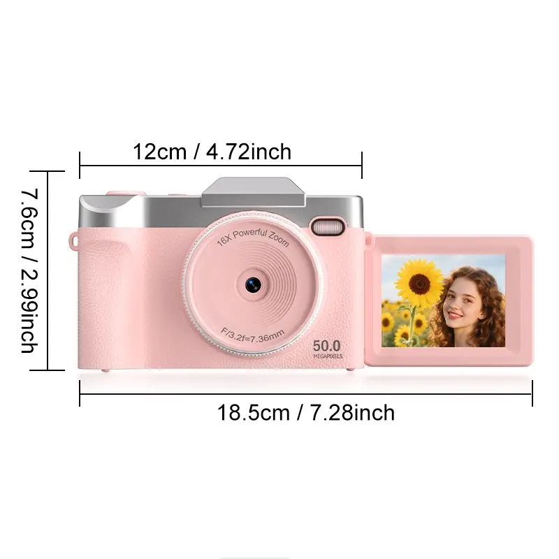 Digital Camera, 180° Flip Screen Vlogging Video Camera with TF Card, HD Digital Camera, 50MP 16X Digital Zoom Autofocus Compact Camera for Adults, Teens, Beginners