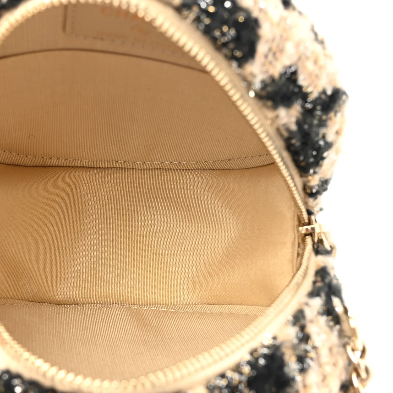 Tweed Shearling Round Clutch With Chain and Coin Purse Beige Black - Top Club