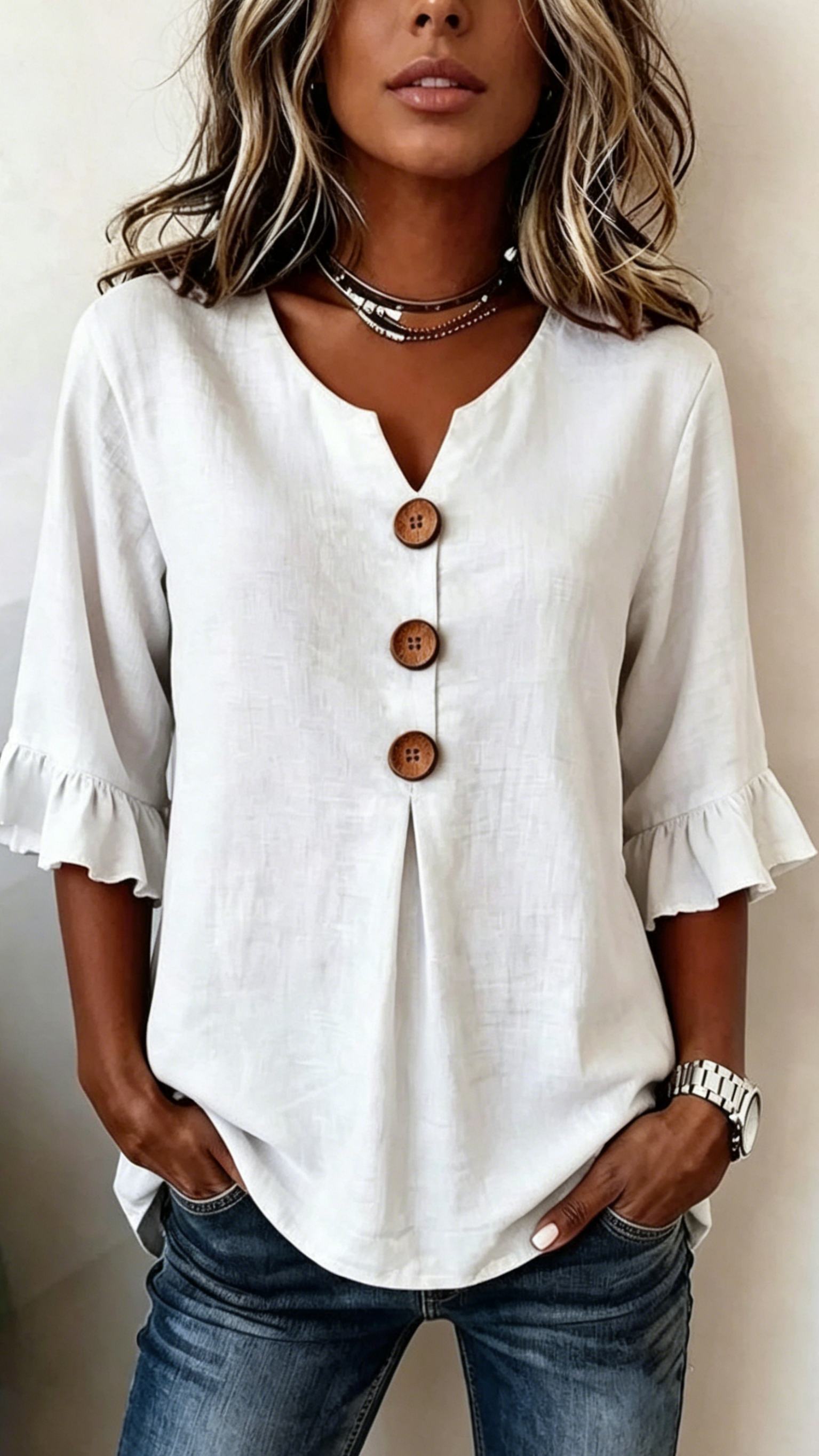 Women's V-Neck Cotton-Linen Button-Up Top - Nordfashionstorm - Women's Clothing, Fashion for You - Nordfashionstorm.com