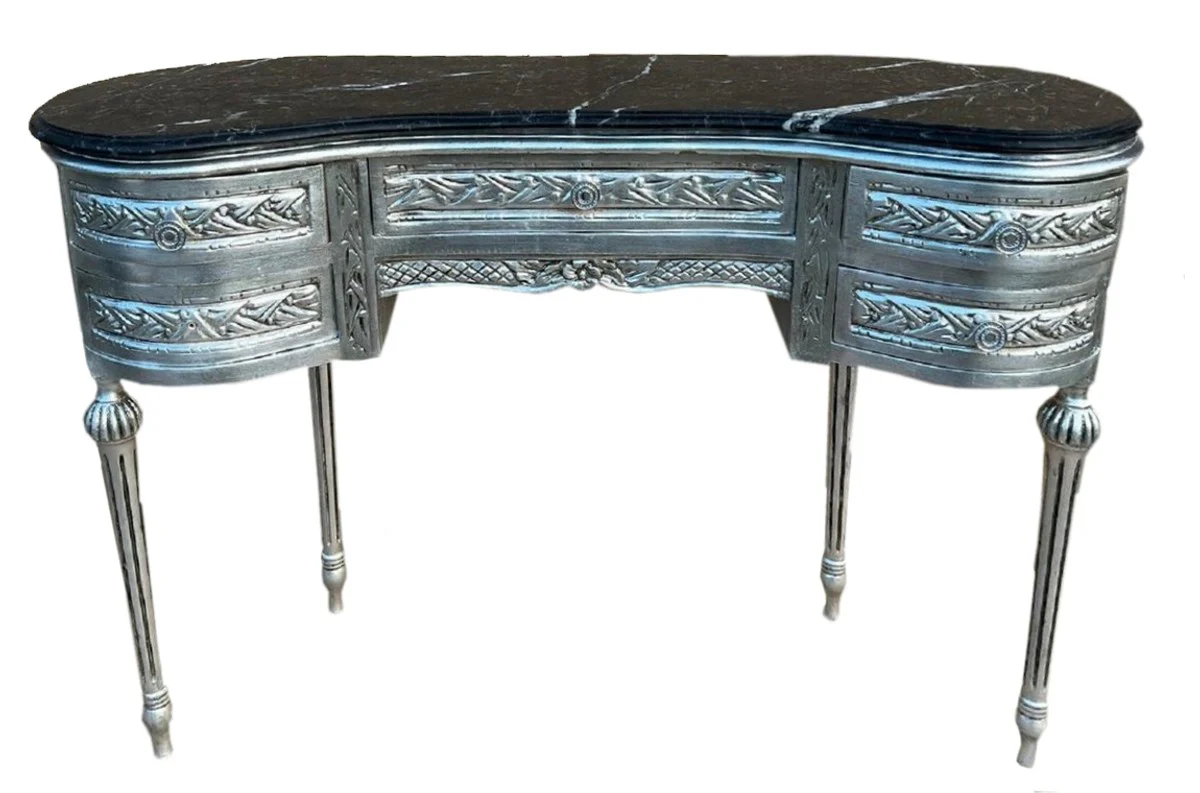 Baroque secretary with marble top and 5 drawers silver / black - handmade solid wood desk in baroque style - baroque office furniture