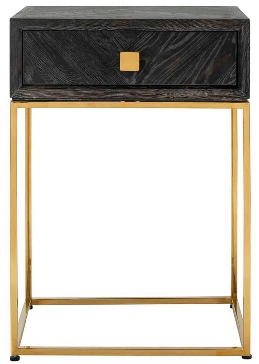 Luxury side table black / gold 50 x 40 x H. 71 cm - solid wood bedside table with drawer and stainless steel frame - luxury bedroom furniture