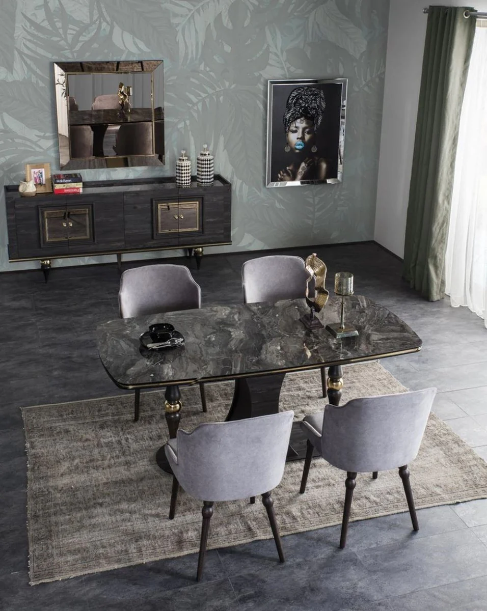Luxury Art Deco dining table gray / black / brass 183 x 92 x H. 77 cm - Elegant dining room table with glass top in marble look - Art Deco dining room furniture