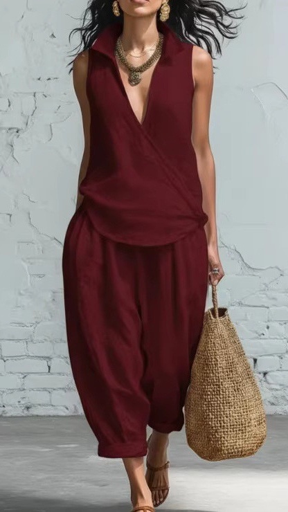 Women's Simple Lapel Shirt and Wide-Leg Pants Linen Two-Piece Set - Nordfashionstorm - Women's Clothing, Fashion for You - Nordfashionstorm.com