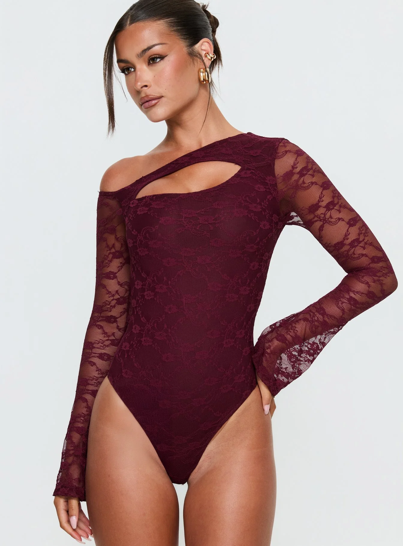 Macaria Long Sleeve Lace Bodysuit Red