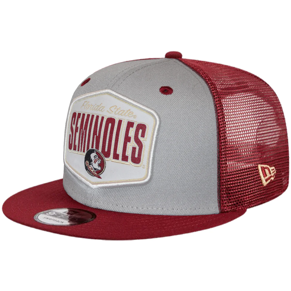 New Era Florida State Seminoles Patch 9Fifty Flat Bill Snapback Trucker Cap - Grey/Garnet - MoB Apparel