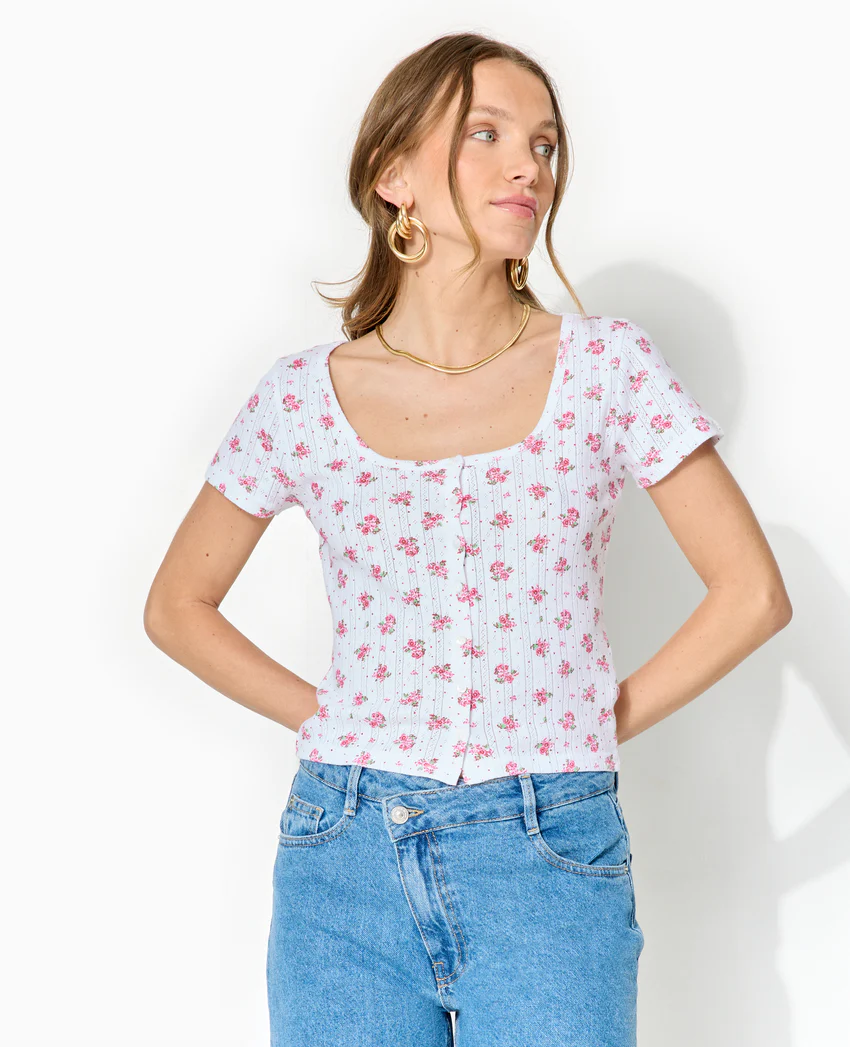 Pimkie T-shirt boutonné en maille pointelle motif fleurs