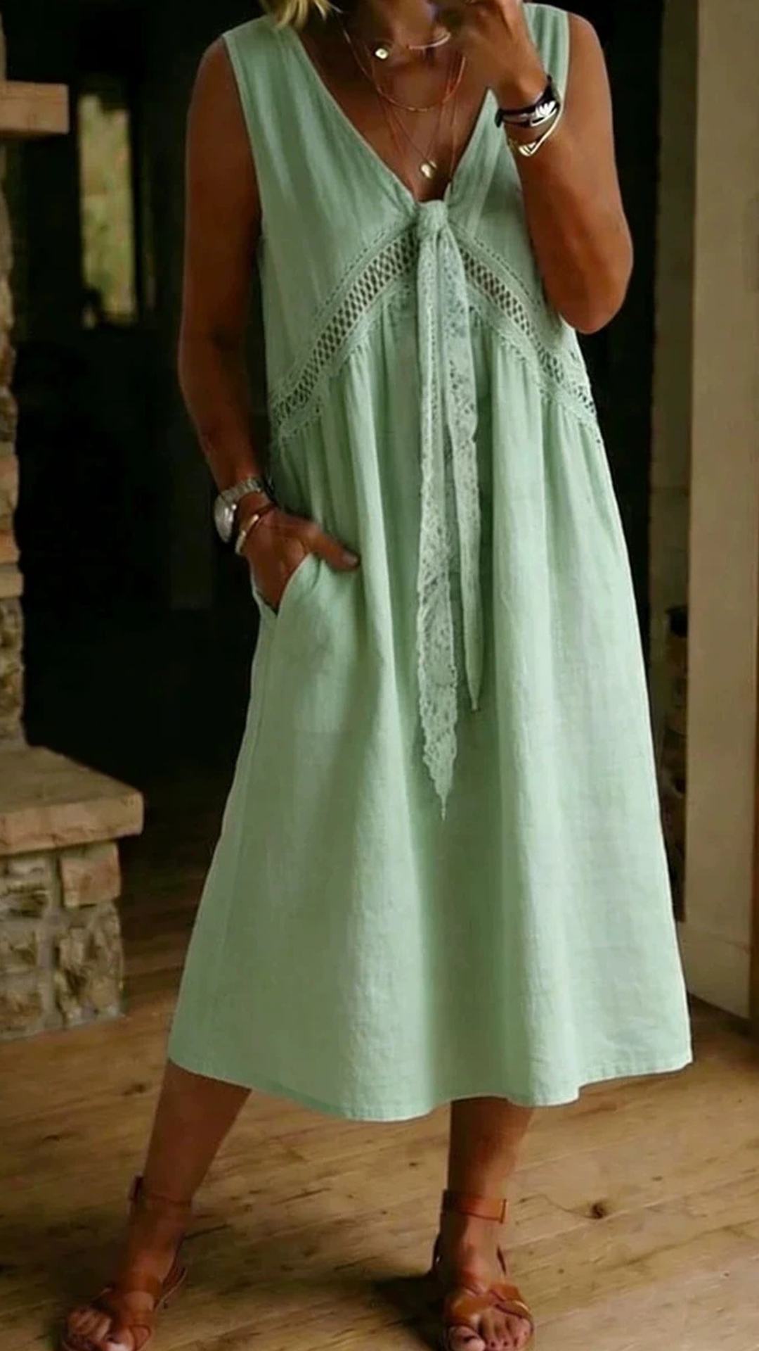 Women's Cotton‑blend V‑neck Lace Hollow Tie‑detail Sleeveless Midi Dress - Nordfashionstorm - Women's Clothing, Fashion for You - Nordfashionstorm.com