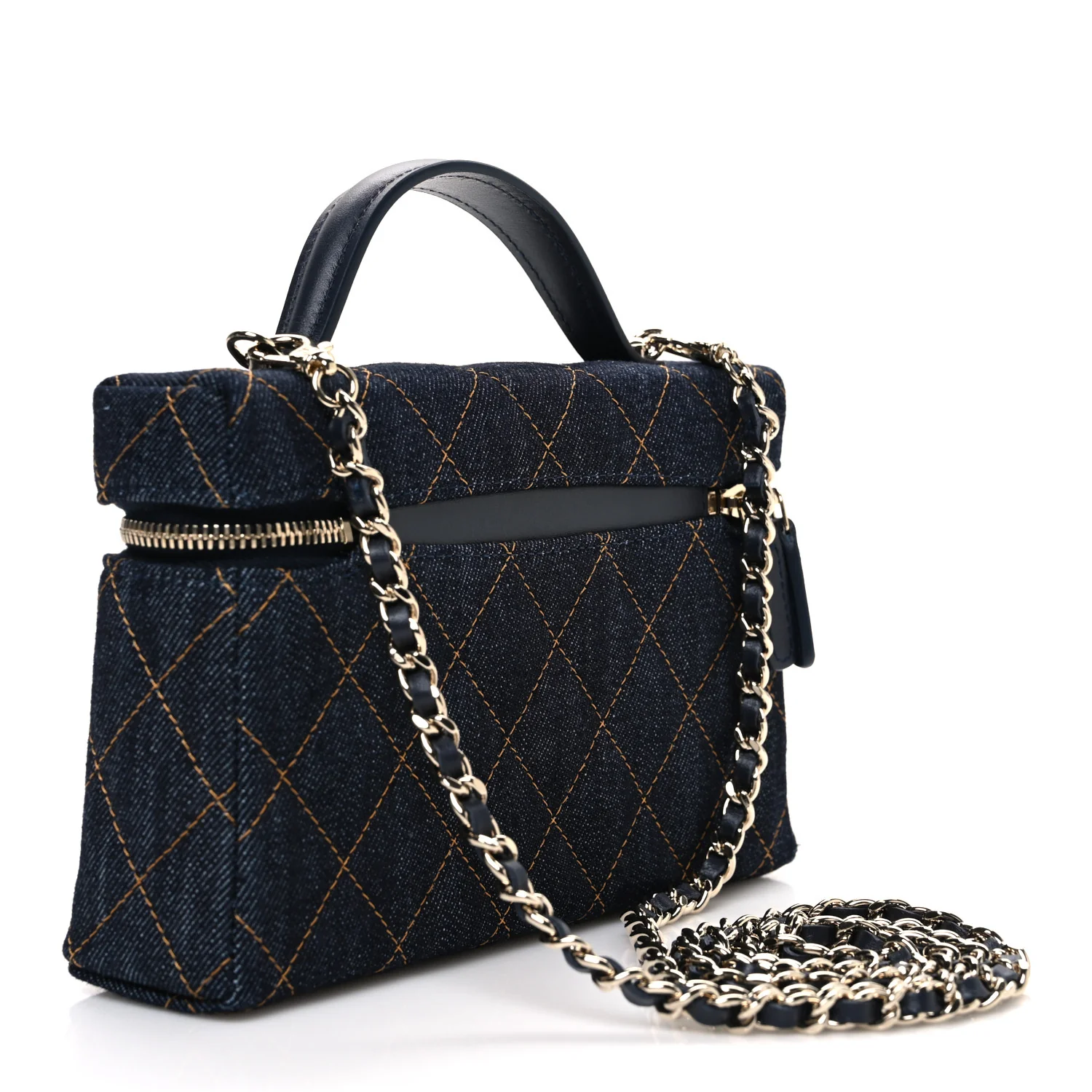 Denim Quilted Top Handle Slim Vanity Case With Chain Dark Blue Orange - Top Club