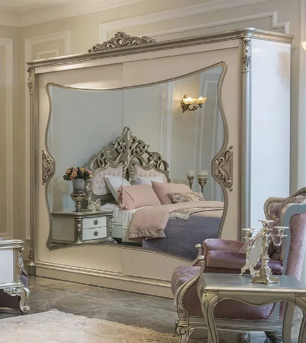 Luxury baroque bedroom wardrobe white / silver 260 x 72 x H. 244 cm - elegant solid wood wardrobe with 2 mirrored sliding doors - bedroom furniture in baroque style - luxury quality