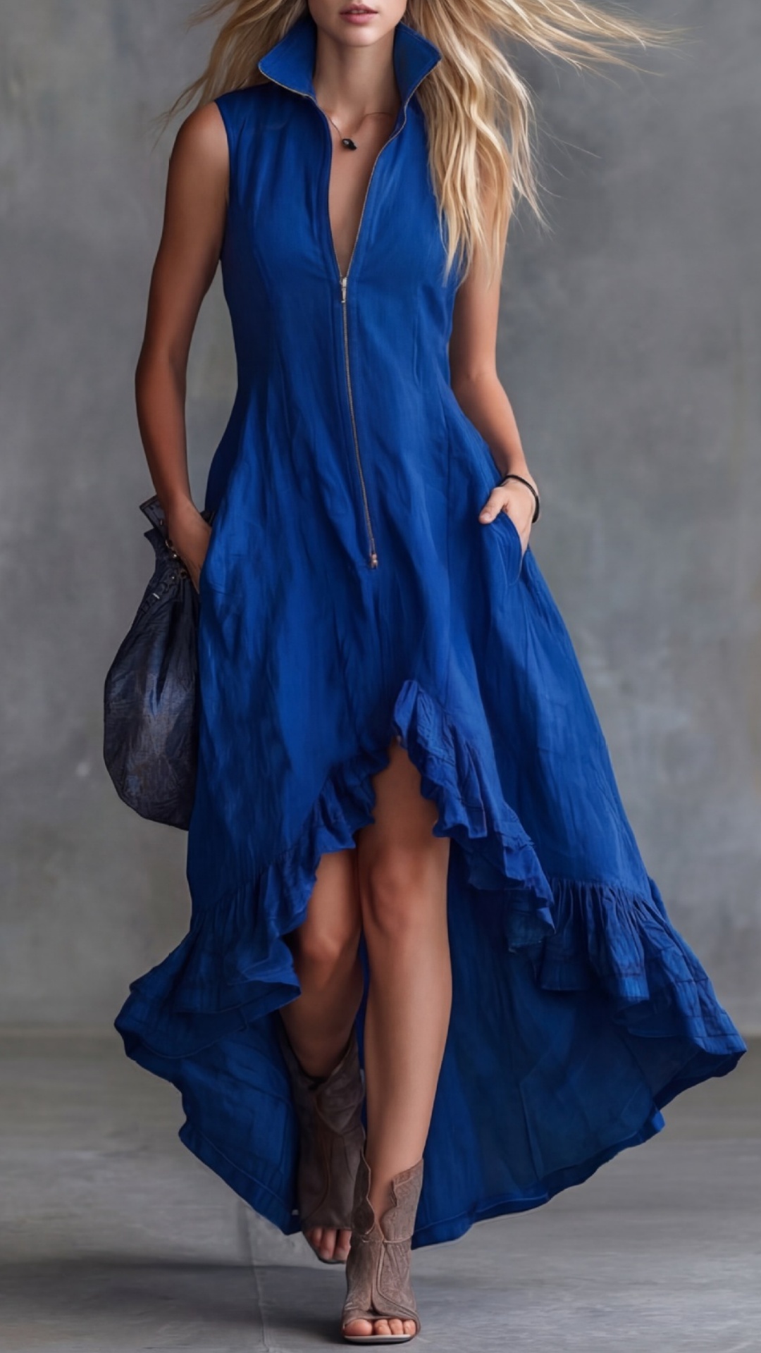Women's Vintage Casual Dress with Lapel, Front Zipper, and Ruffled Hem - Nordfashionstorm - Women's Clothing, Fashion for You - Nordfashionstorm.com