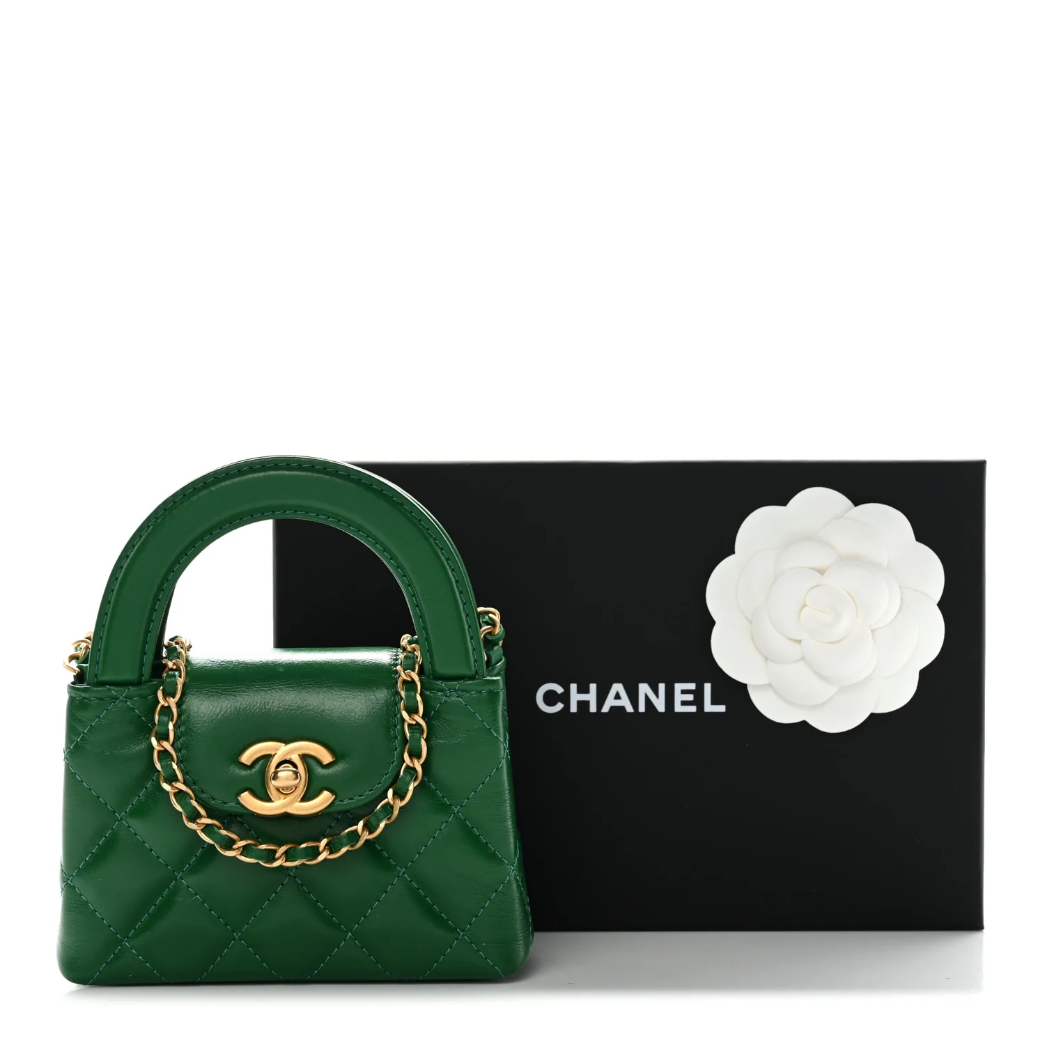 Shiny Aged Calfskin Quilted Mini Nano Kelly Shopper Green - Top Club