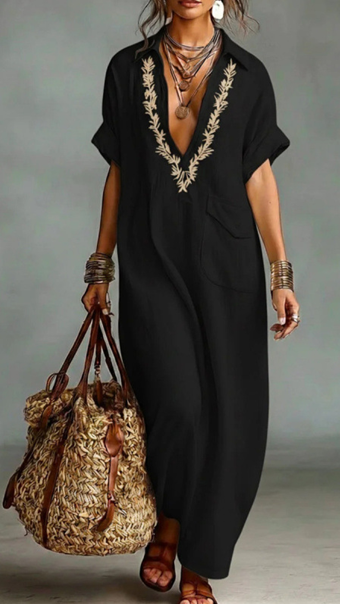 Embroidered V-Neck Loose Cotton Linen Shirt Maxi Dress - Nordfashionstorm - Women's Clothing, Fashion for You - Nordfashionstorm.com