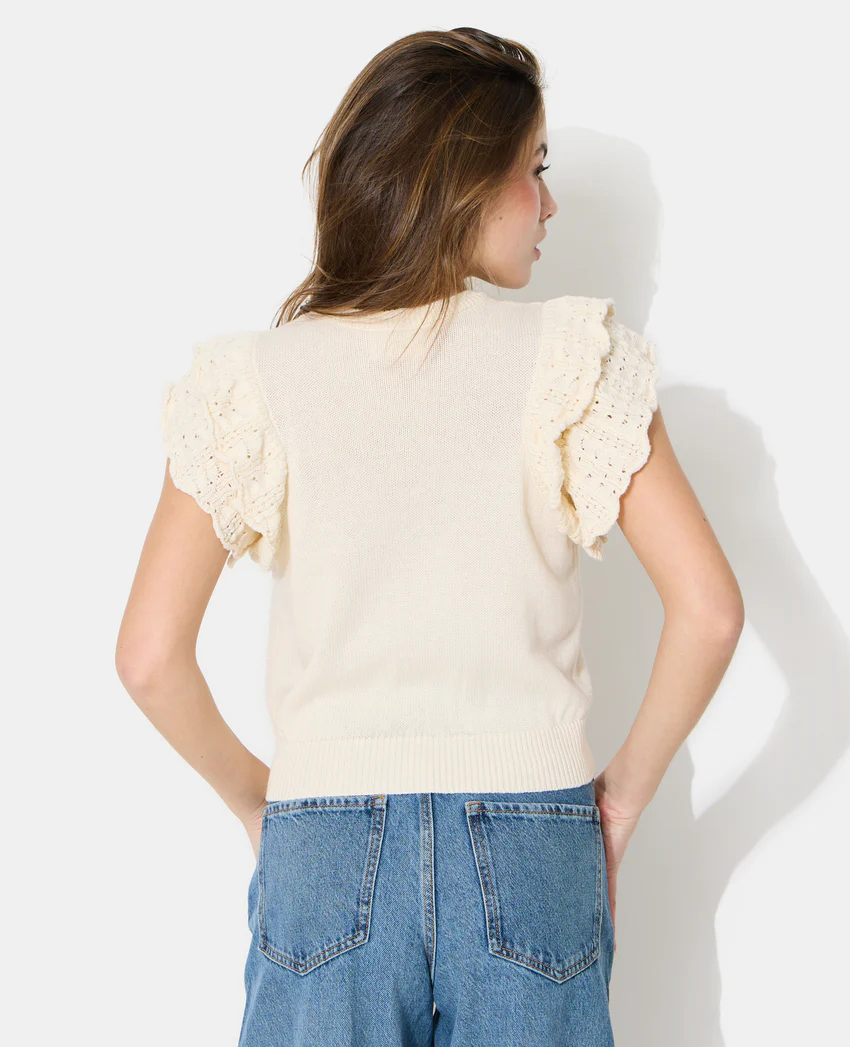 Pimkie Pull manches courtes en maille ajourée avec volants