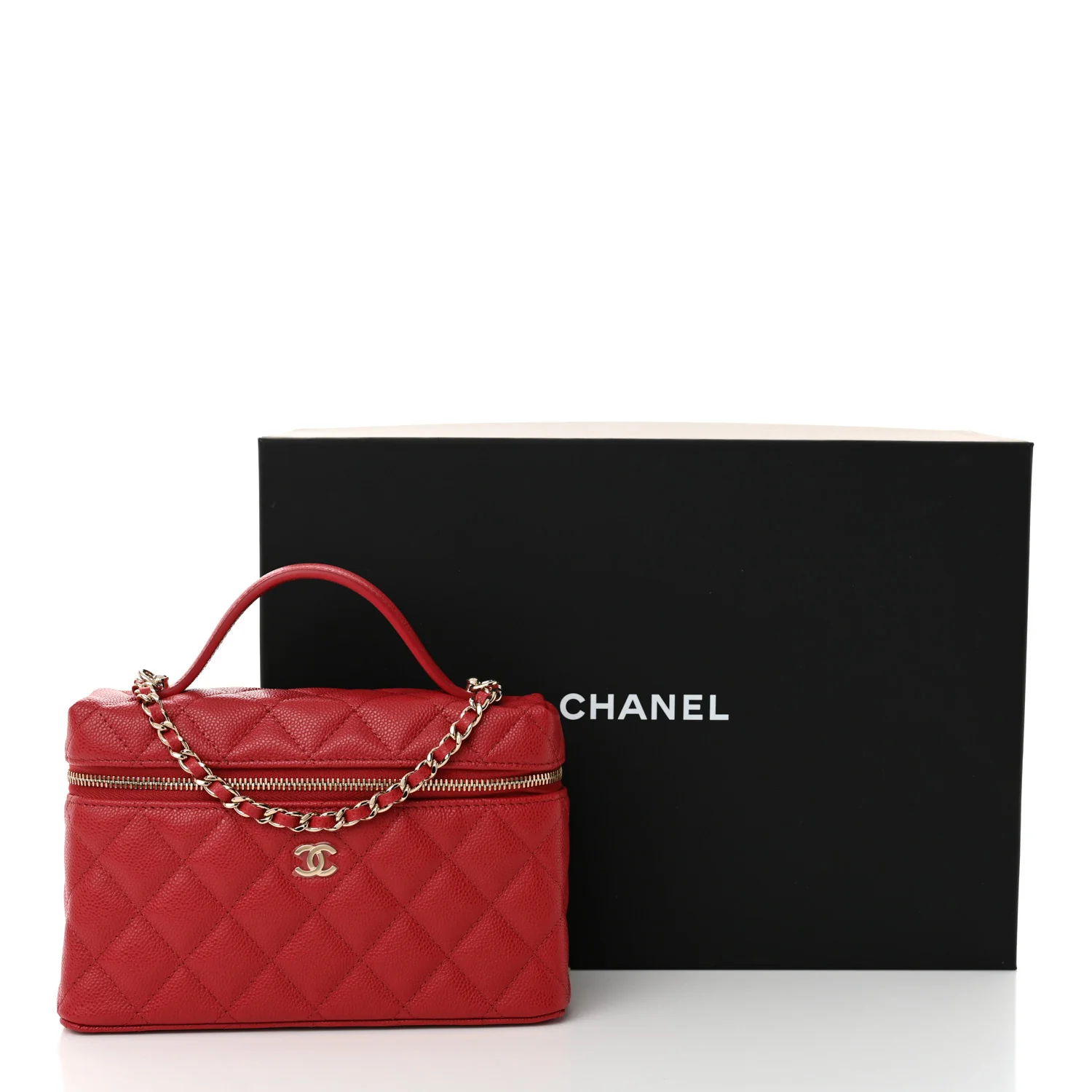 Caviar Quilted Top Handle Slim Vanity With Chain Red - Top Club