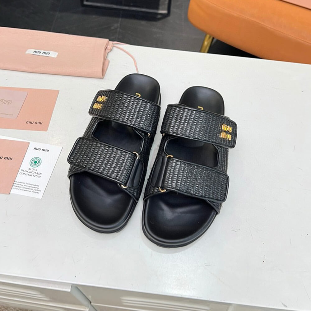 MiuMiu Raffia-effect woven fabric slides - Top Club