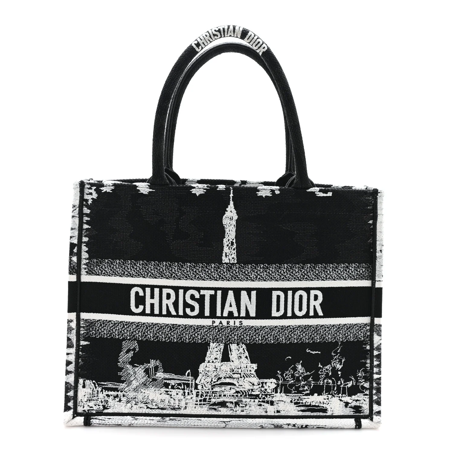 Canvas Embroidered Medium Paris Book Tote Black White - Top Club